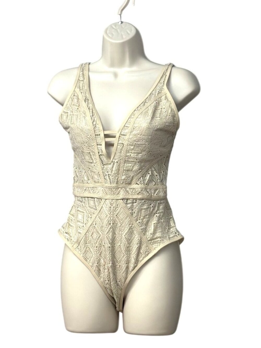 Becca Color Play Crochet Plunge One-Piece Swimsuit, Gold, M-NO REMOVABLE CUPS - Picture 14 of 15